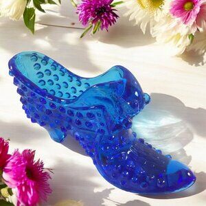 Vintage FENTON Glass Shoe Cats Head Slipper Colonial Blue Hobnail